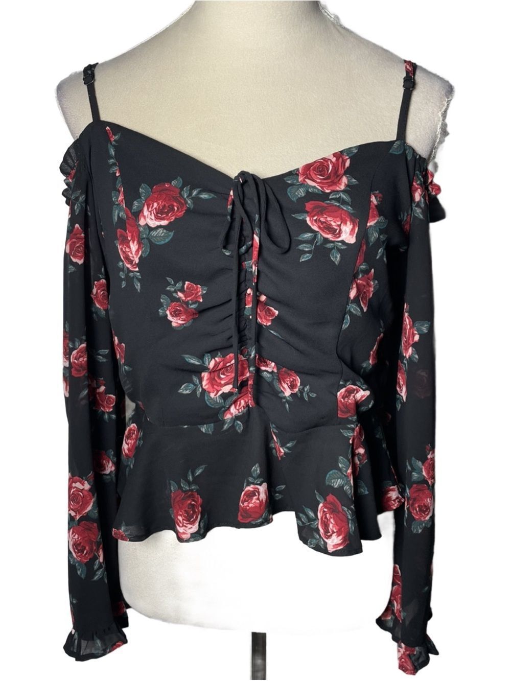 H&M Divided Black Chiffon Floral Rose Print Off-Shoulder Long Sleeve Blouse (10)